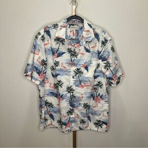 Caribbean Button Down  Camp Shirt Flamingos Palms Large